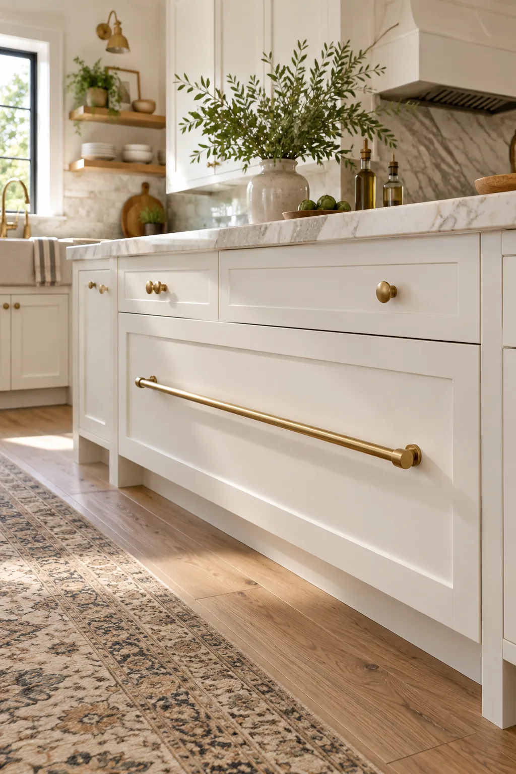 Wide white kitchen drawer fitted with a long, oversized brass handle.