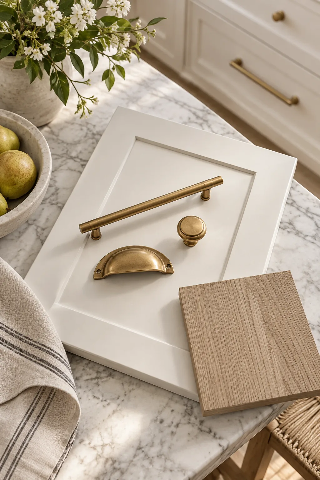 Overhead view of a white cabinet door sample styled with brass hardware options.