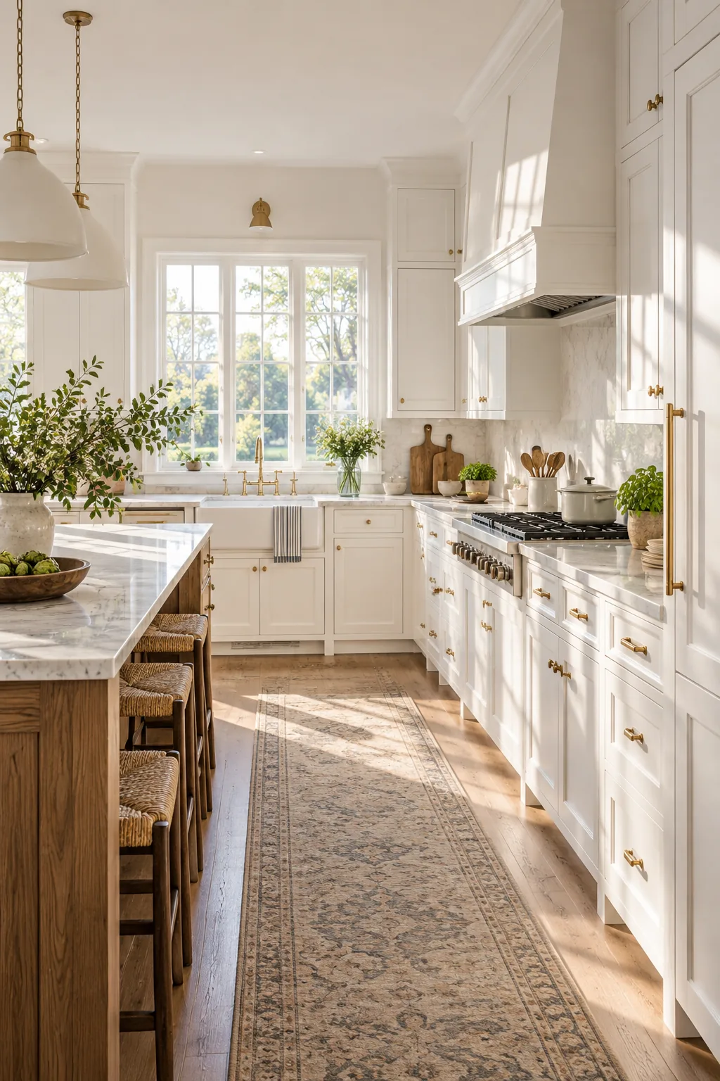 Wide view of a white kitchen illuminated by cool morning sunlight.