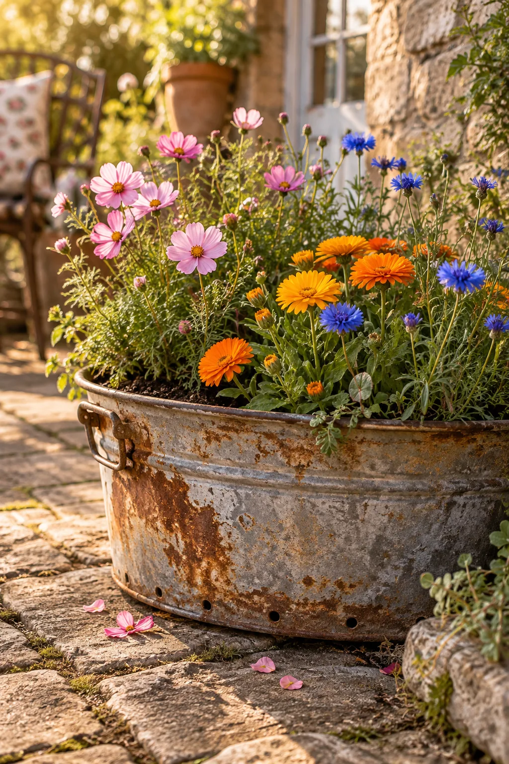 Rusty galvanized tub filled with blooming dwarf wildflowers on a patio
