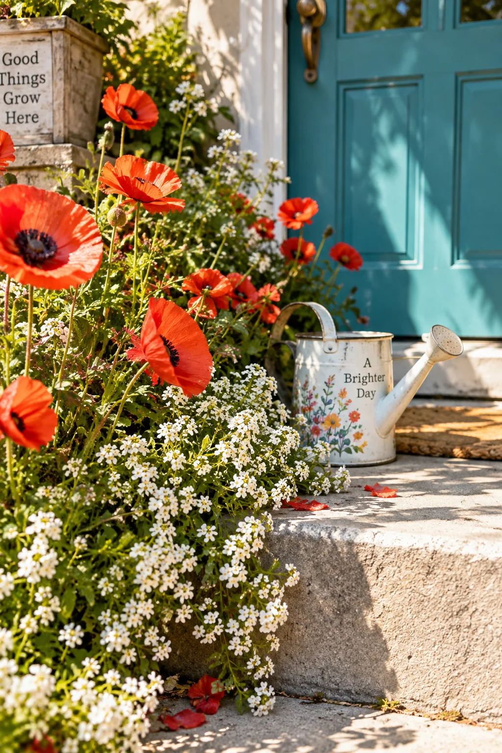 Low-growing white and orange wildflowers spilling over a concrete garden path
