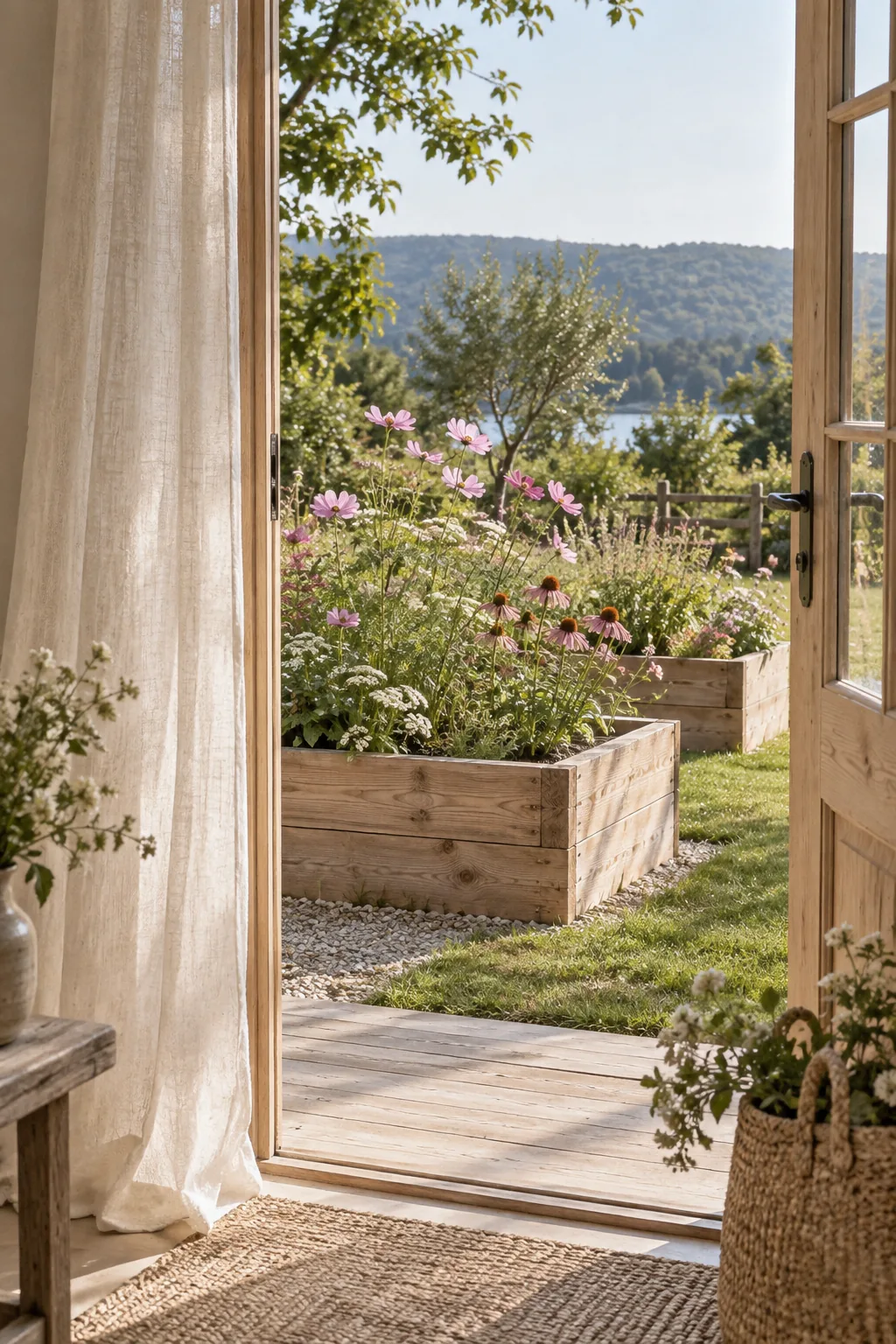 Wooden raised garden beds overflowing with tall colorful wildflowers