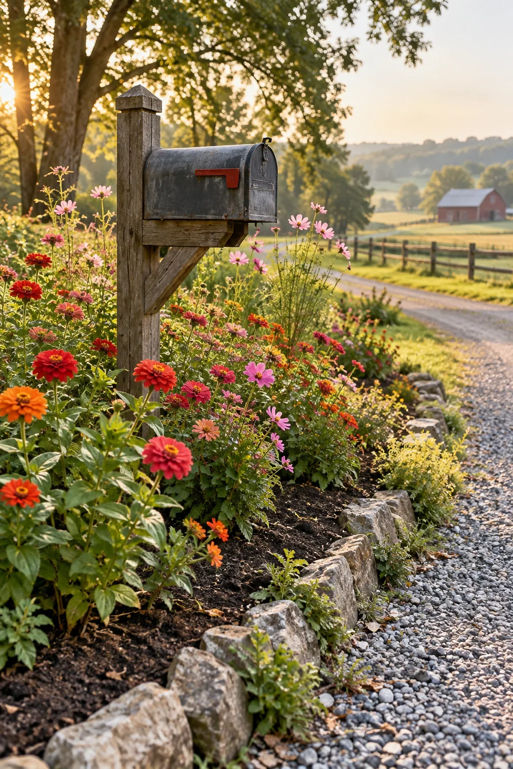 Bright pink and orange wildflowers blooming around a wooden mailbox post