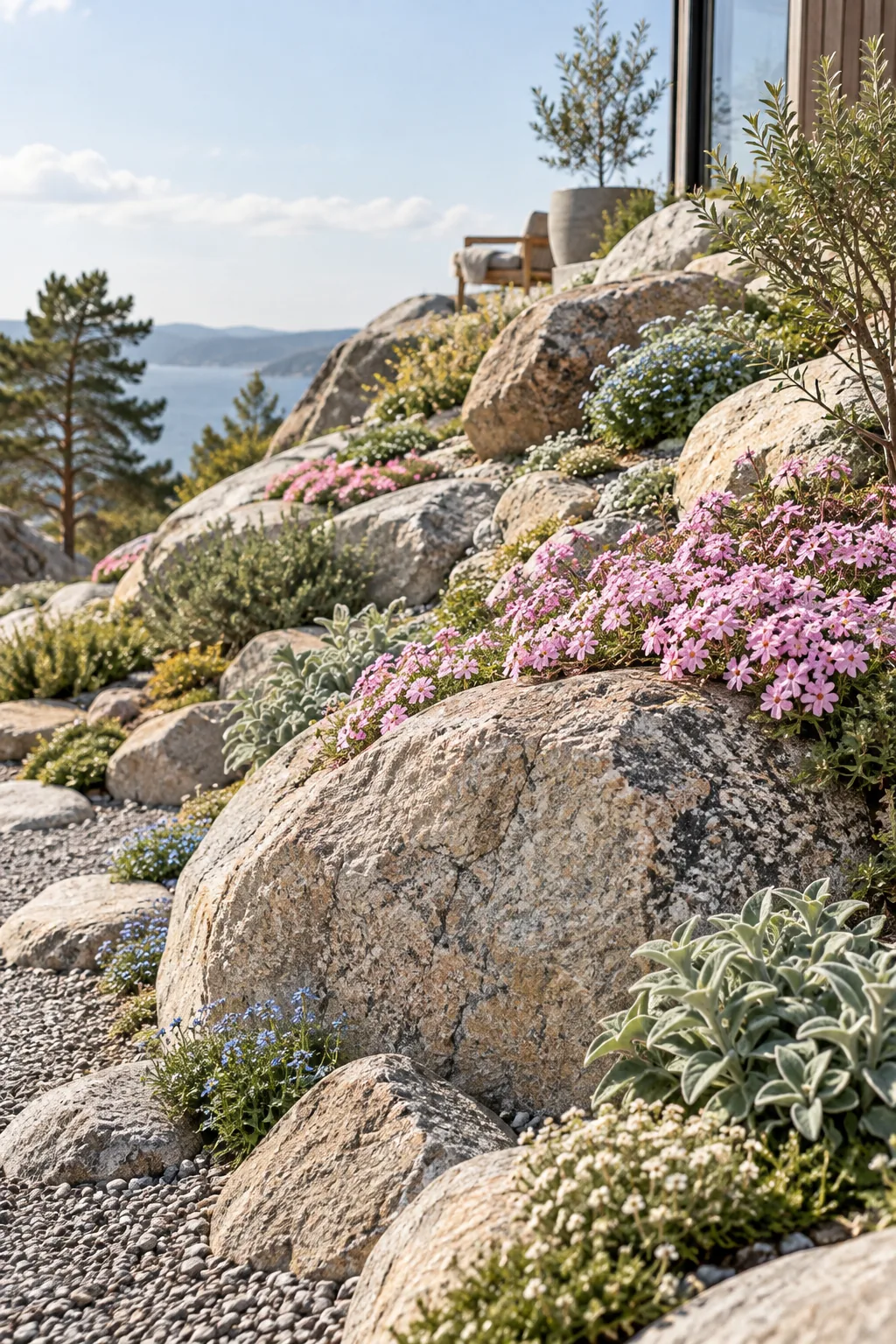 Small brightly colored wildflowers growing between large landscaping rocks on a slope
