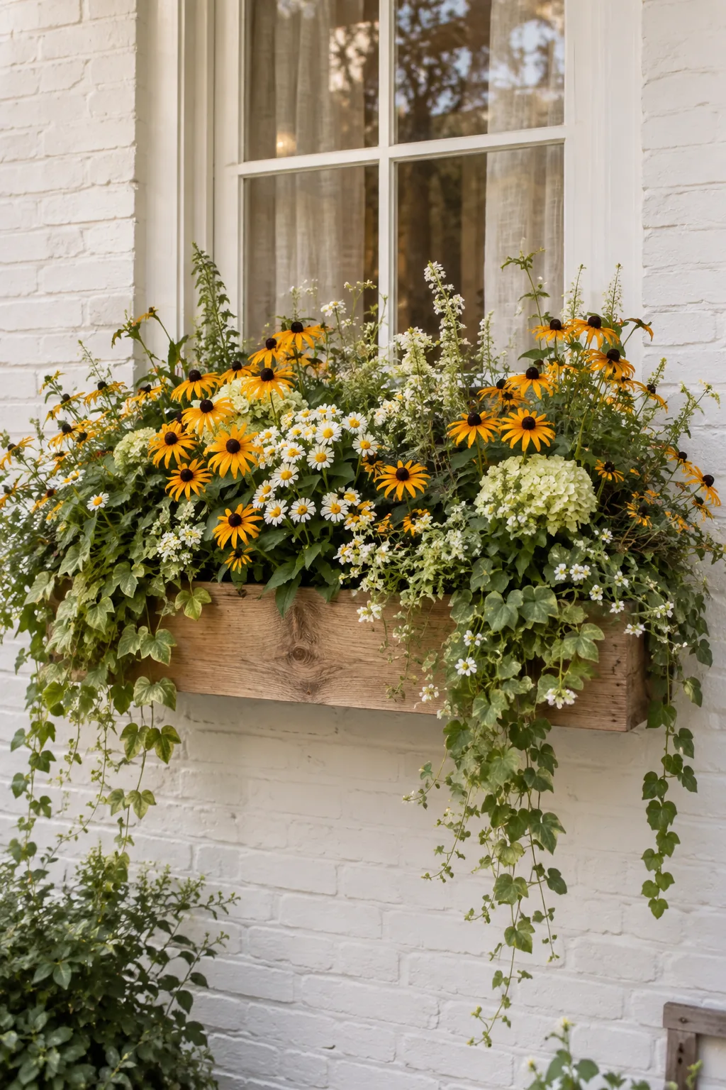 Window box overflowing with yellow black-eyed Susans and trailing green vines