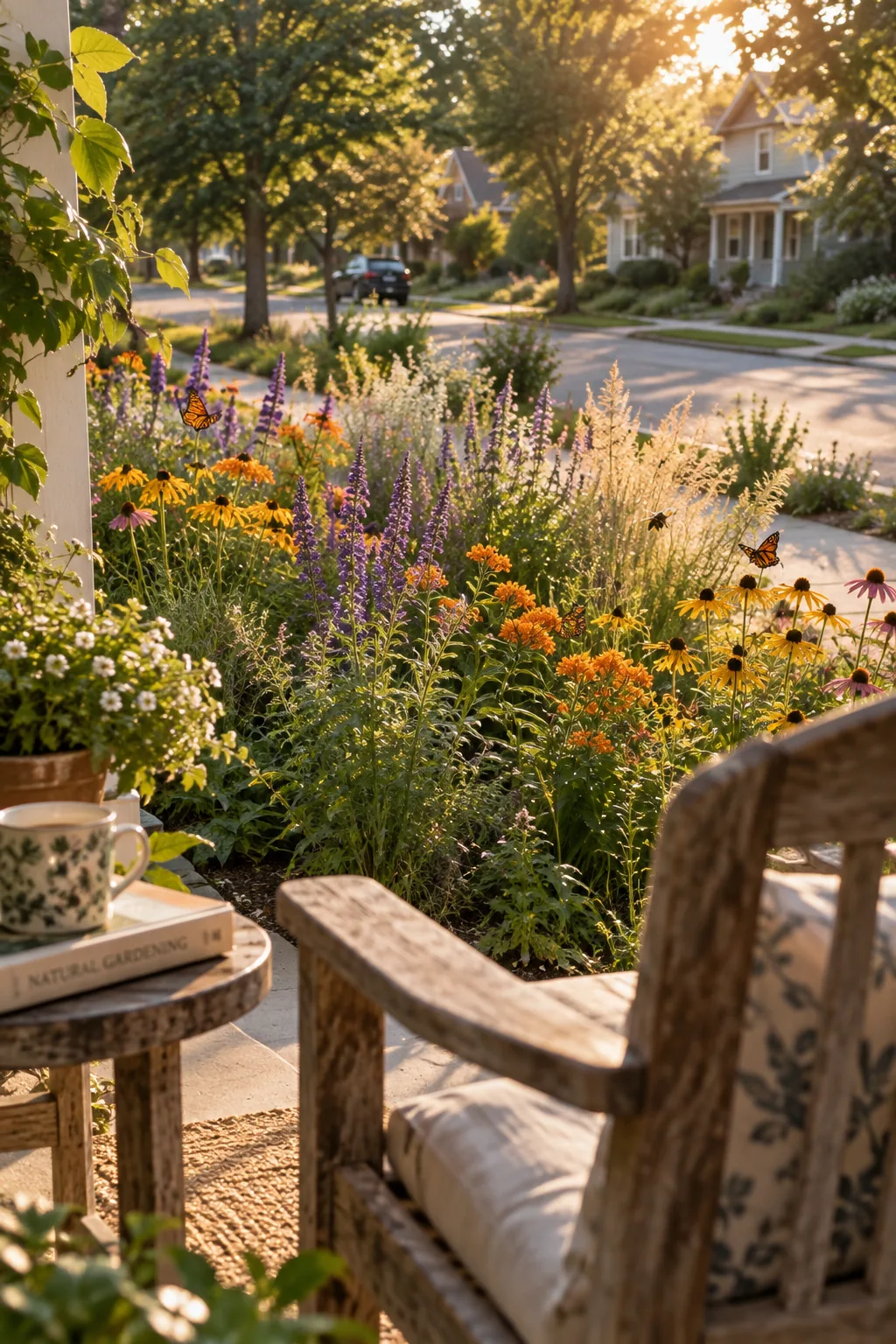 Strip of grass between sidewalk and street replaced with drought-tolerant wildflowers