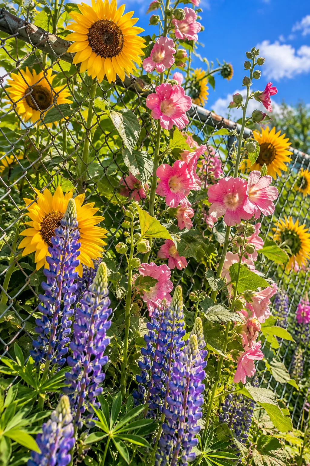 Tall sunflowers and hollyhocks growing against a chain-link fence