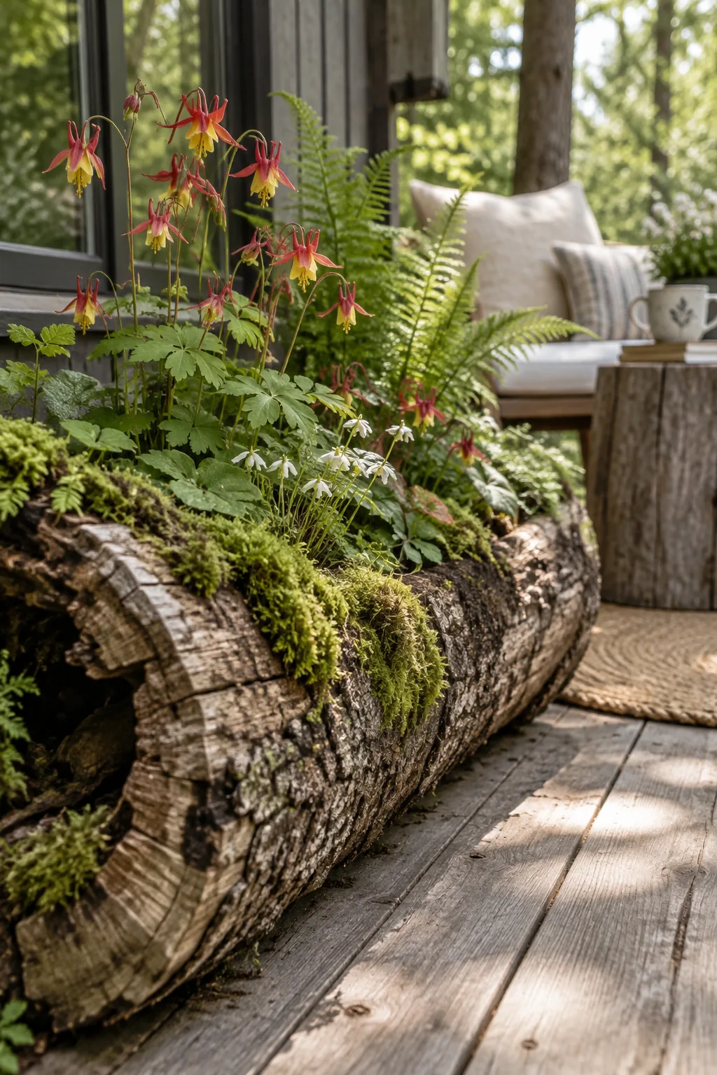 Hollowed out wooden log filled with delicate purple and white shade wildflowers