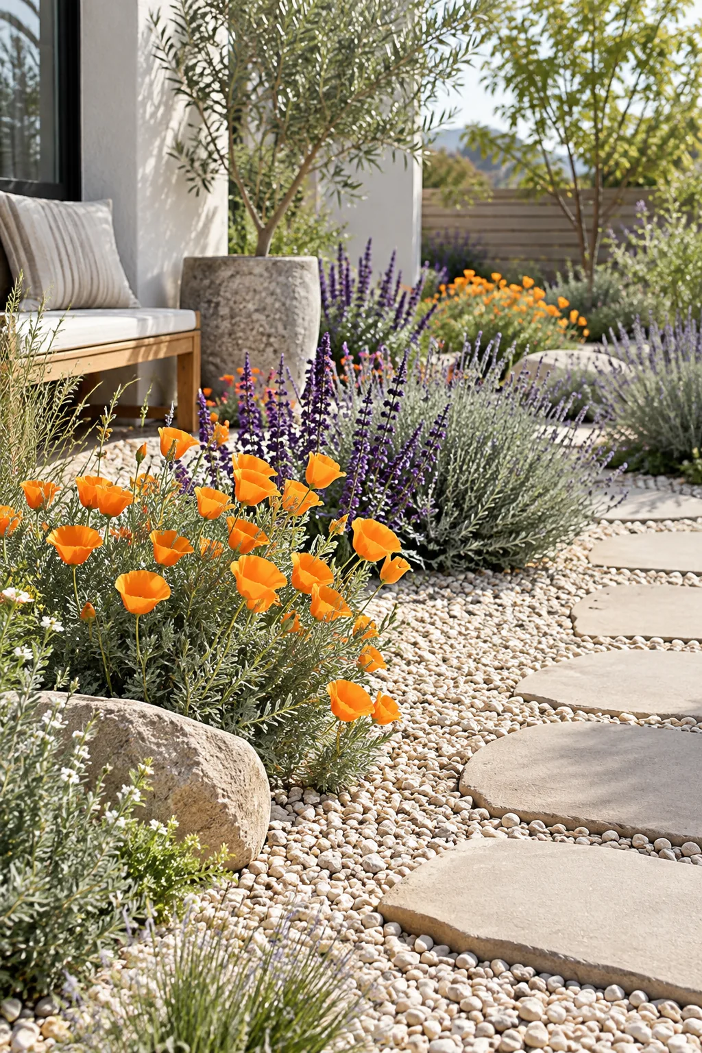 Colorful wildflowers growing sparsely through a bed of gray pea gravel