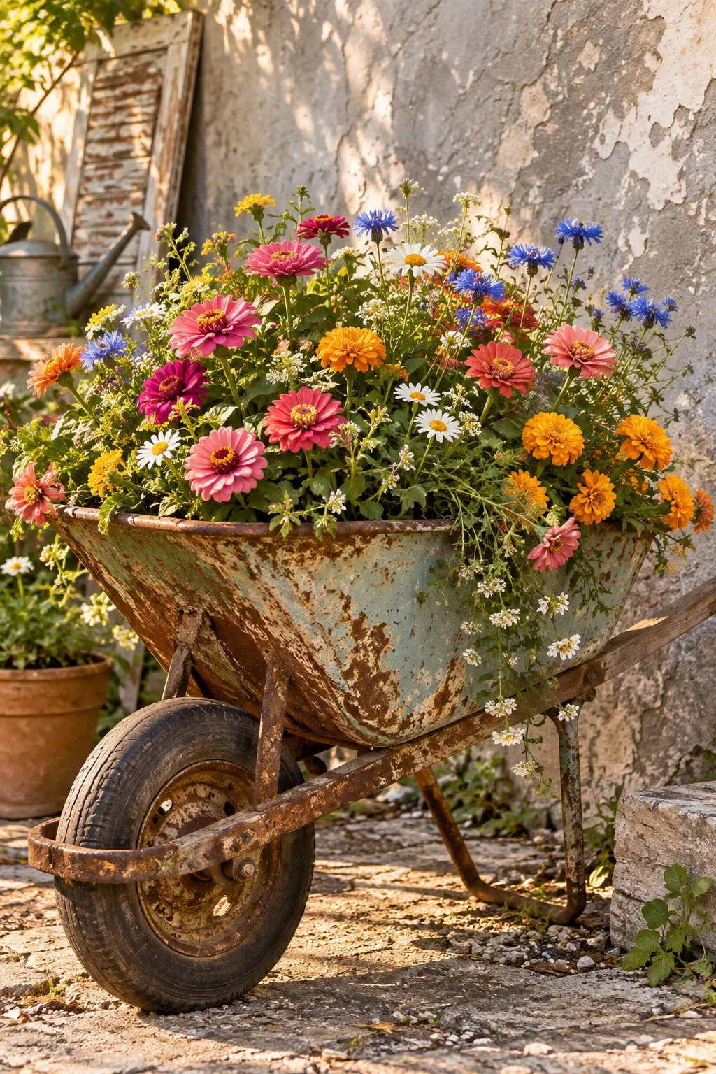 Vintage rusted wheelbarrow overflowing with bright summer wildflowers