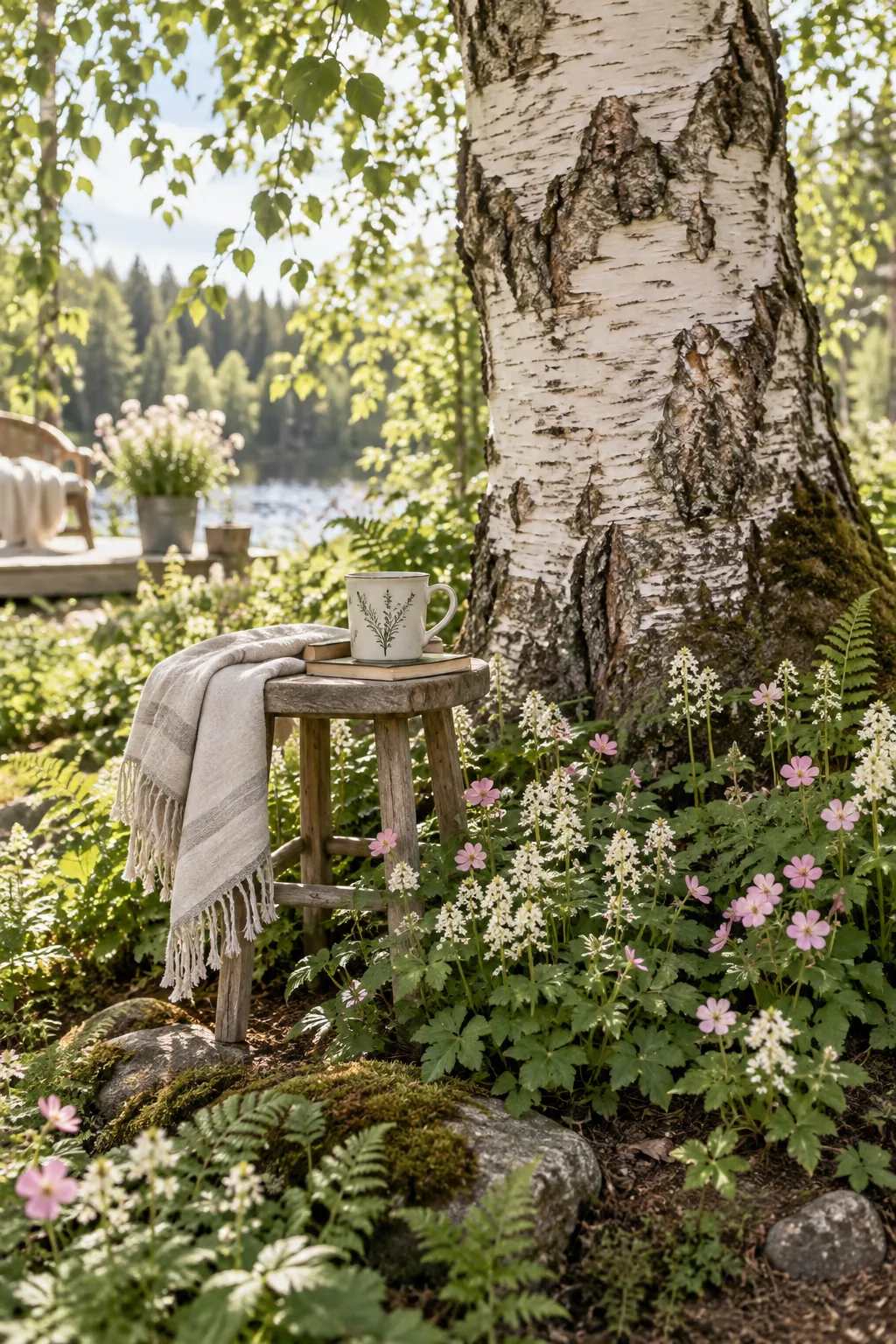 Ring of delicate pink and white wildflowers growing around the base of a large oak tree