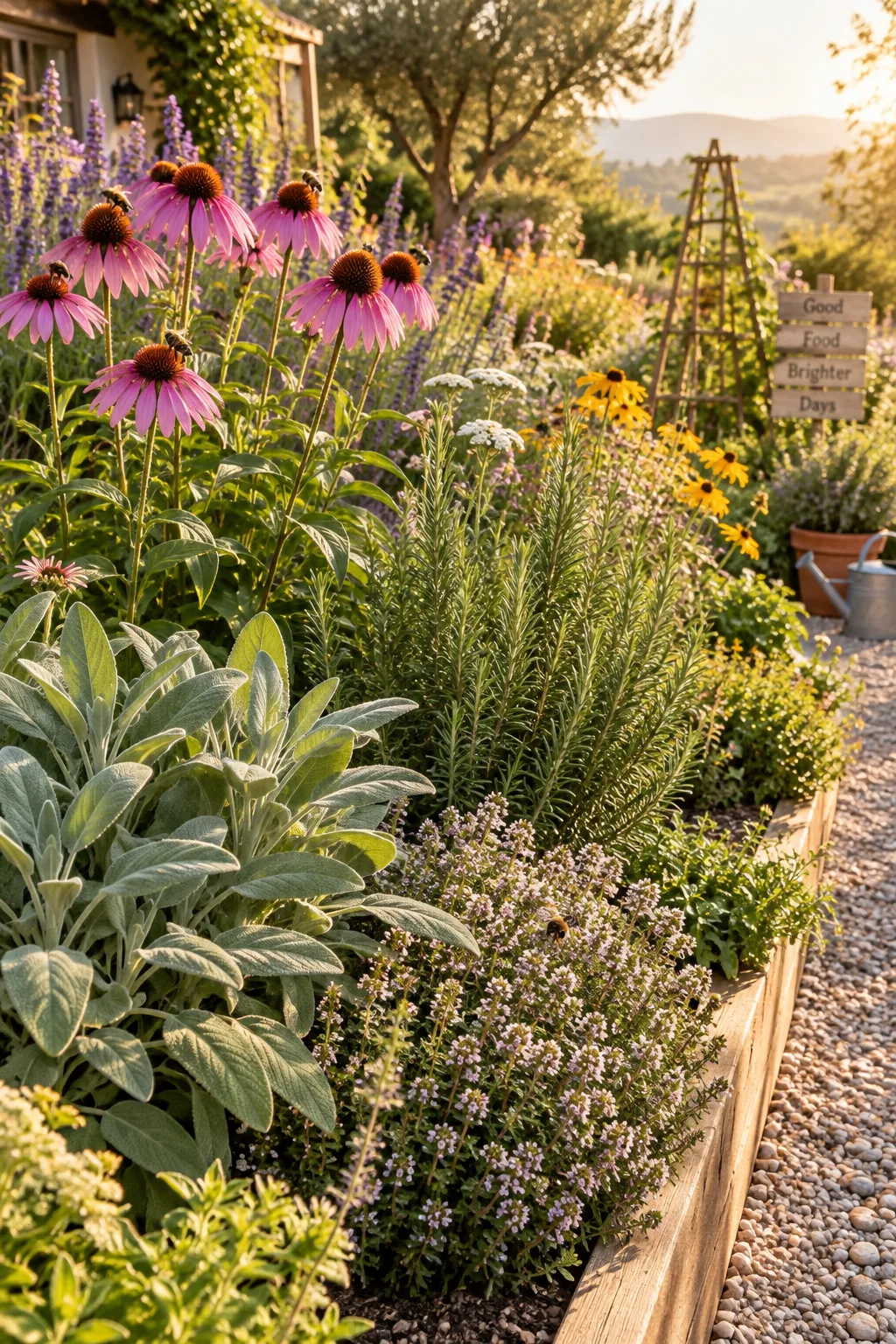 Purple coneflowers blooming alongside bushy green rosemary and sage plants