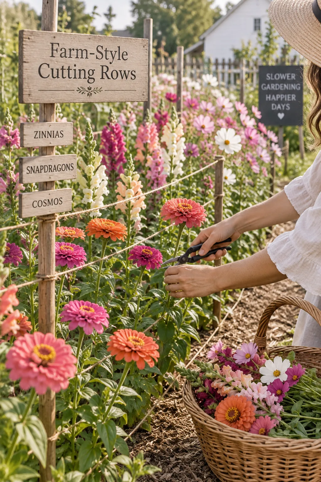 Straight rows of tall wildflowers supported by wooden stakes and twine