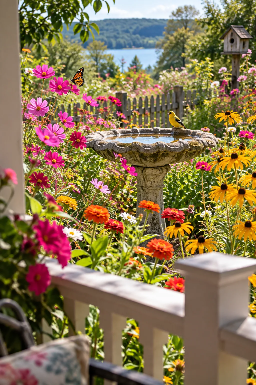 Concrete birdbath surrounded by tall wildflowers with a butterfly resting on the edge