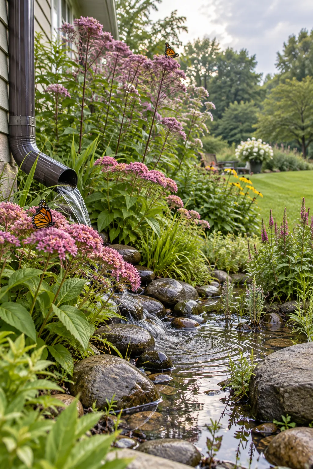 Sunken garden area filled with tall pink Joe-Pye weed catching rainwater