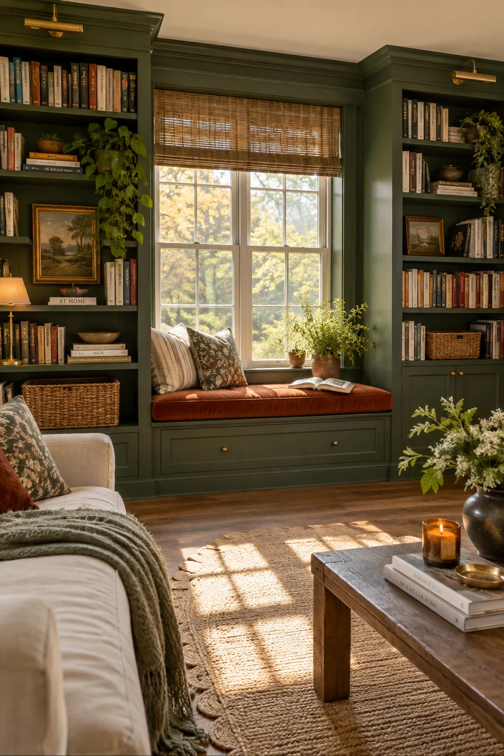 Window seat framed by tall white bookshelves filled with books