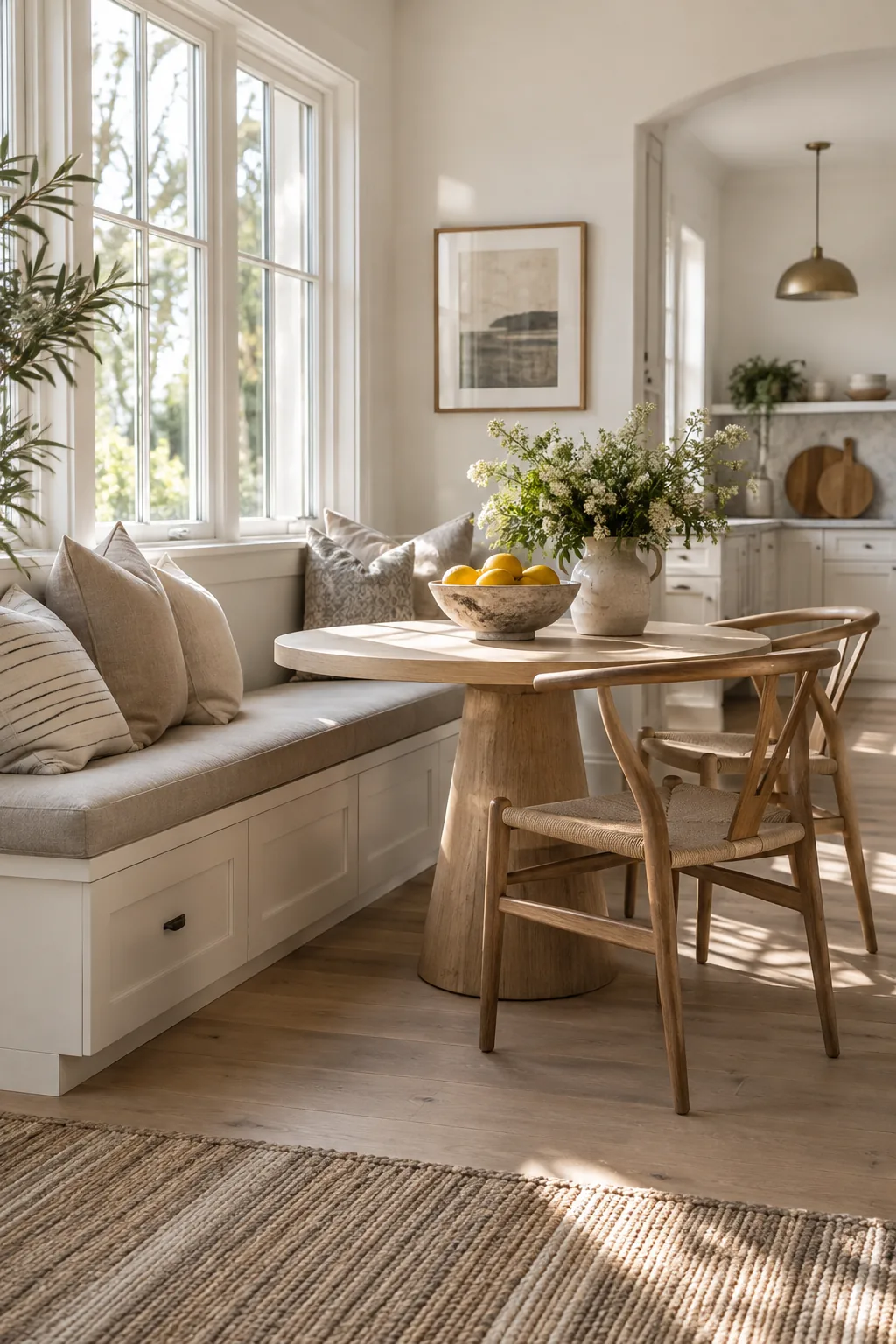 Dining room with a built-in window bench serving as seating for a rectangular table