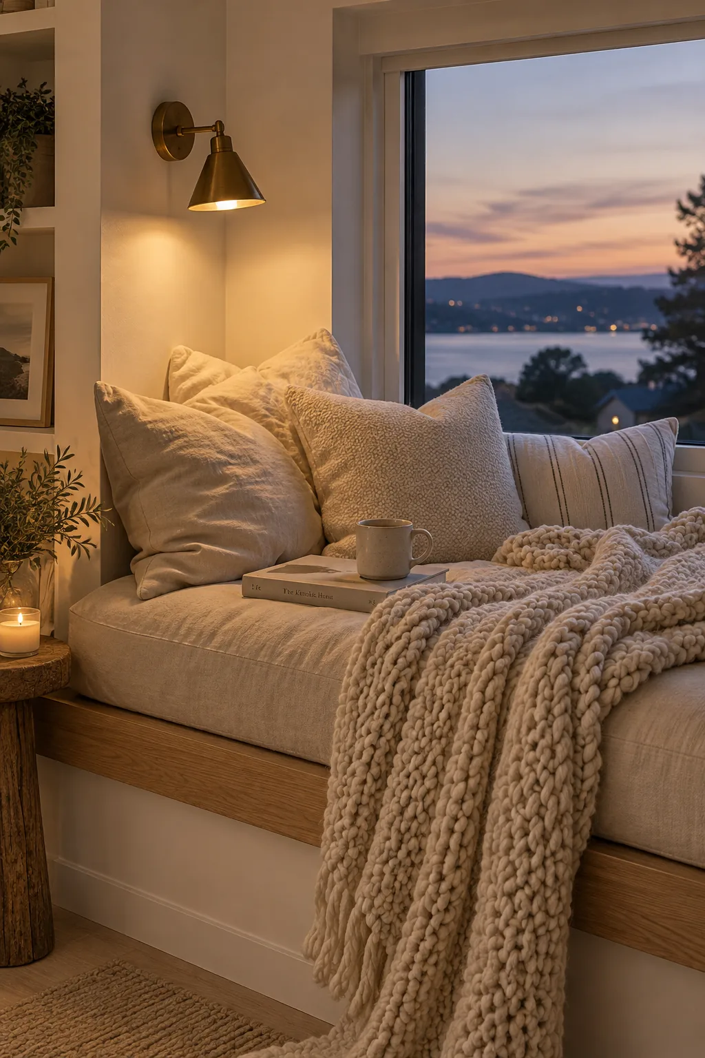 Deep window seat with a thick cushion and wall sconce above it