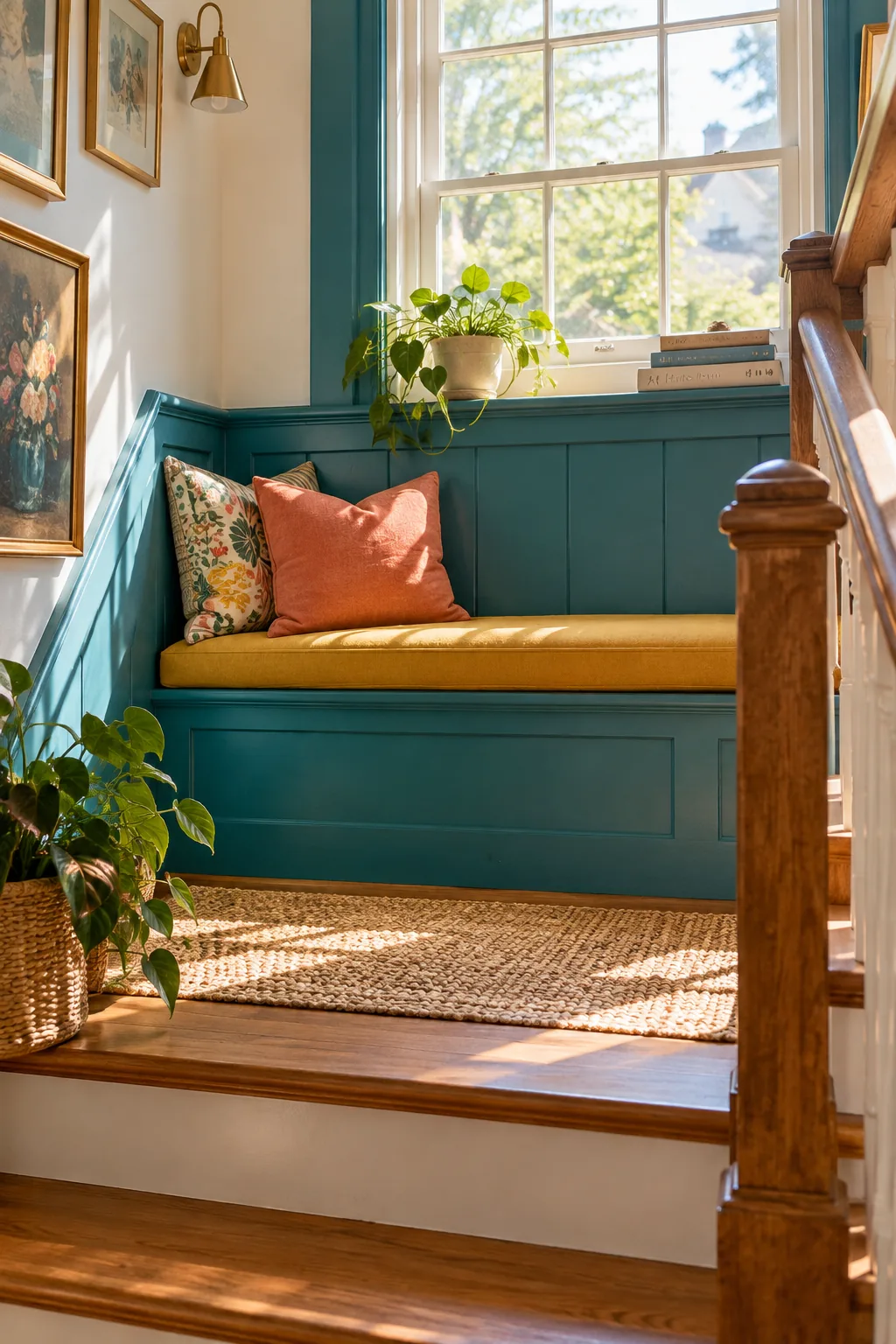 Small built-in bench on a stairwell landing under a window