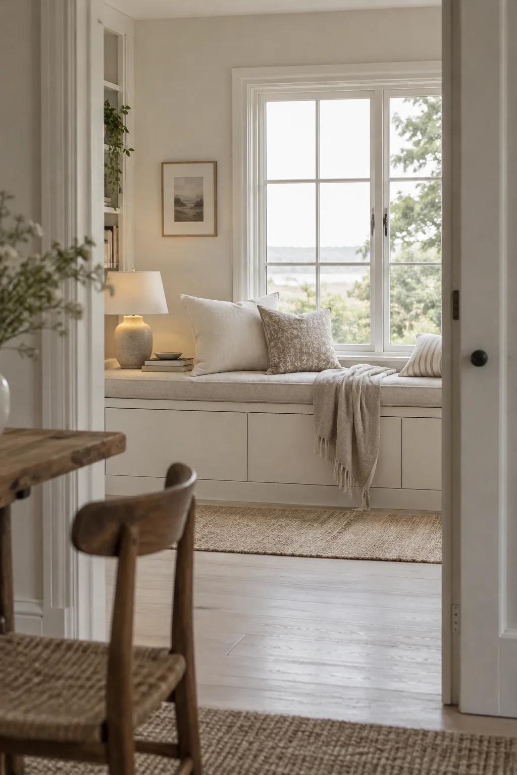 Minimalist window seat painted the exact same color as the surrounding walls and trim