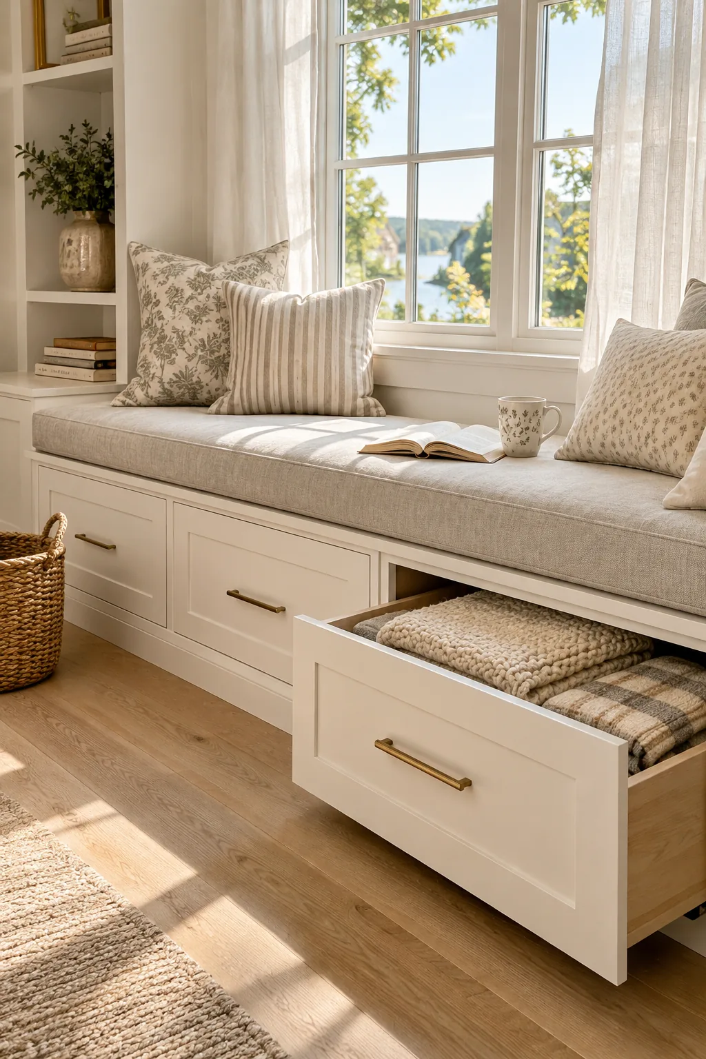Window seat with large pull-out drawers open to reveal blanket storage