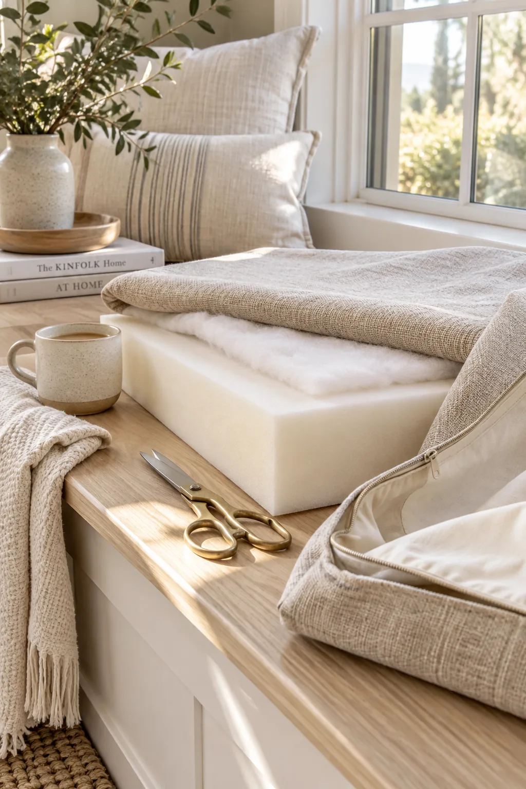 Close up of a thick, tailored window seat cushion with a zippered cover