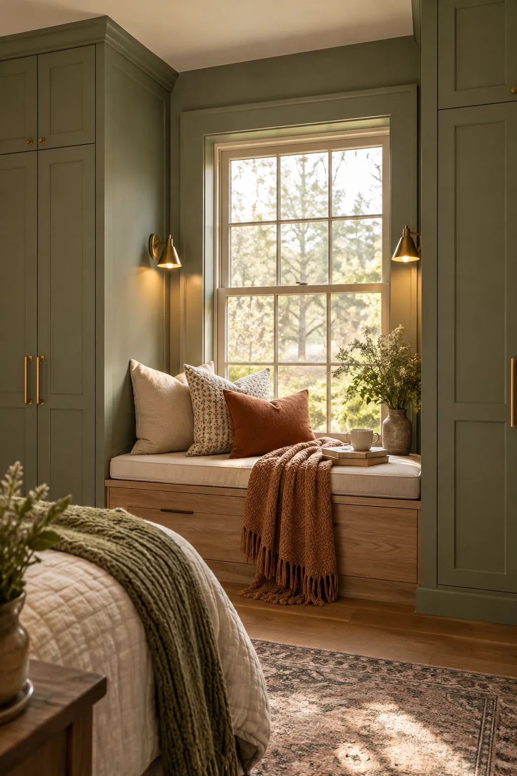 Bedroom window seat situated between two tall custom wardrobe cabinets
