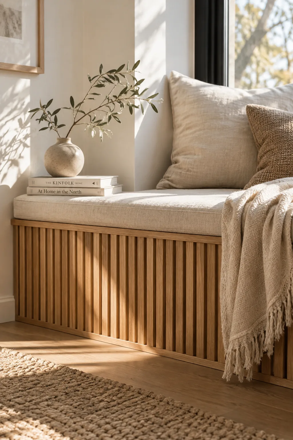 Window seat base featuring vertical slatted wood trim with a warm oak stain