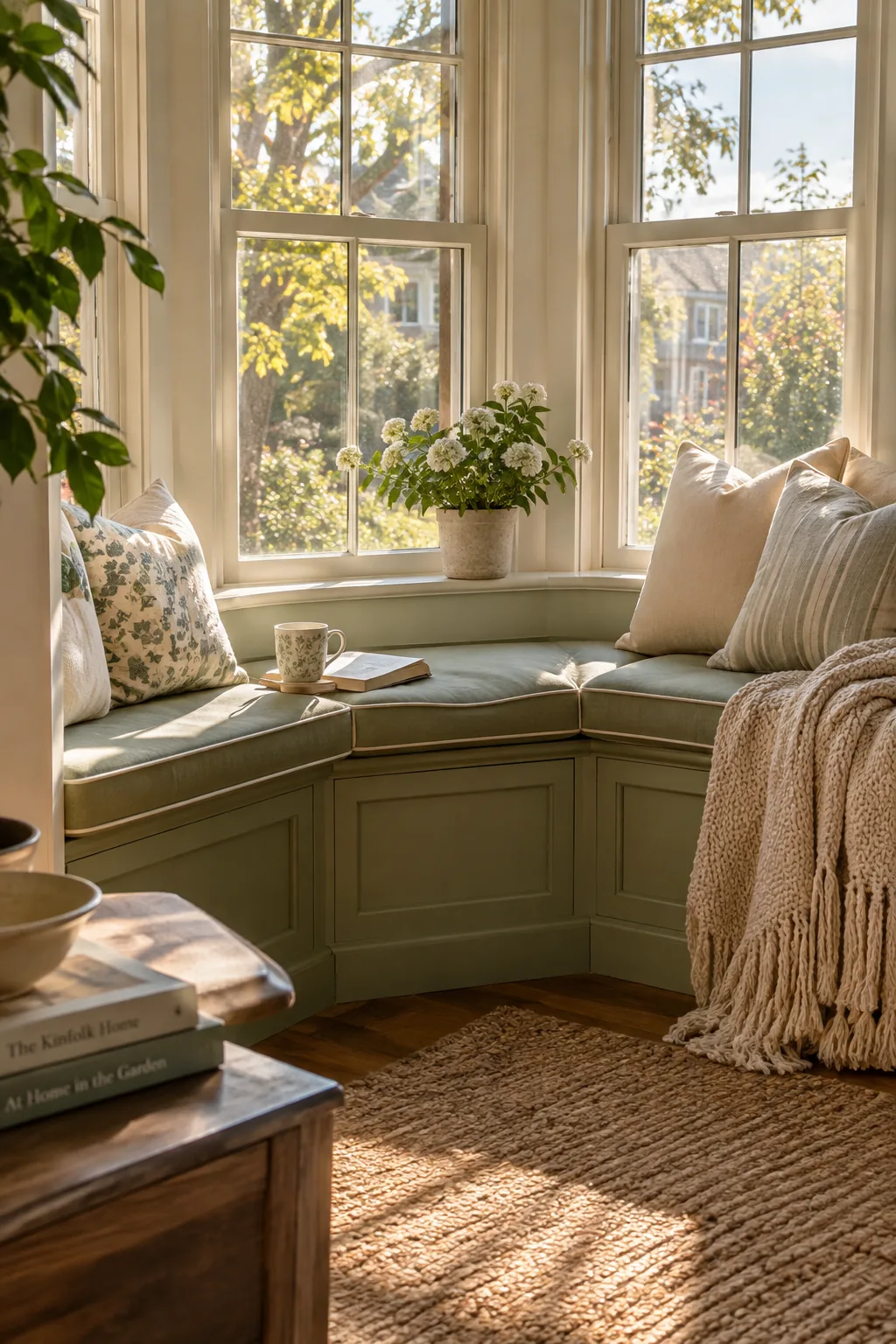 Custom angled bench built directly into a large bay window