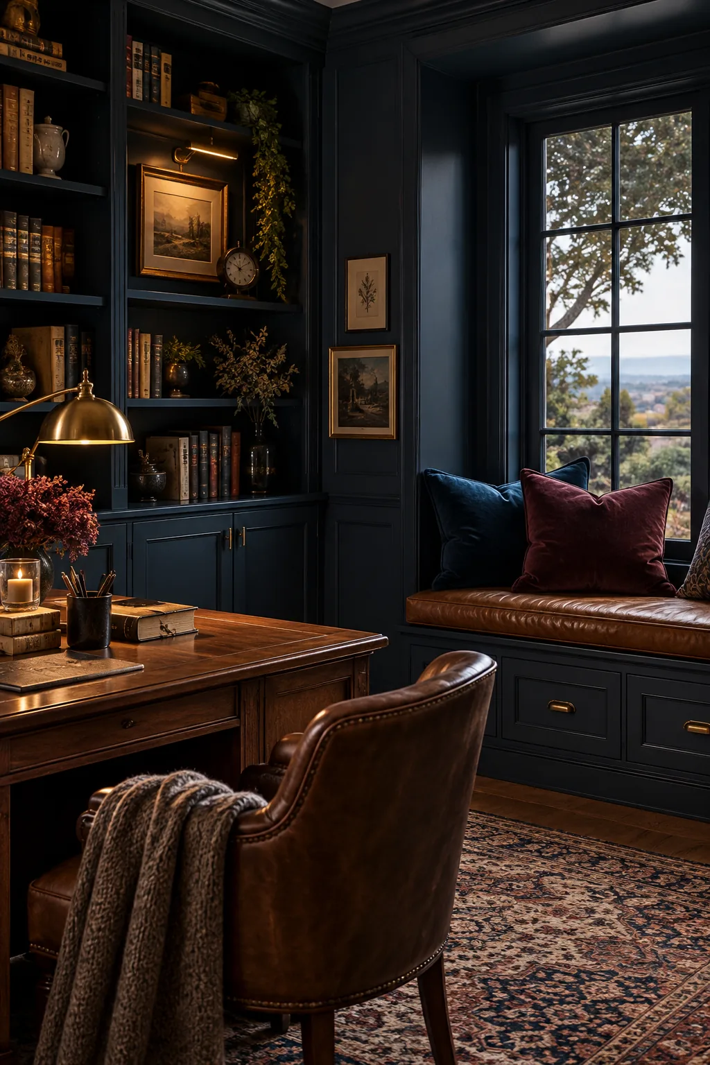 Moody home office with a window seat and walls painted in a dark saturated color