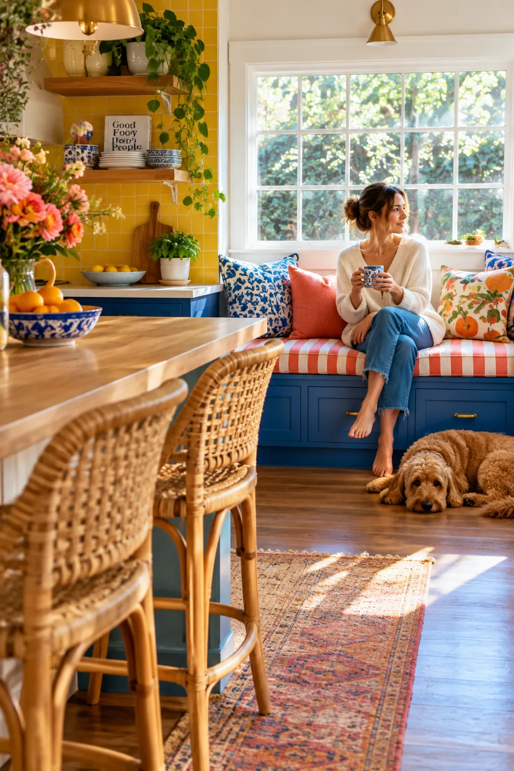 Low window seat under a large kitchen window with throw pillows