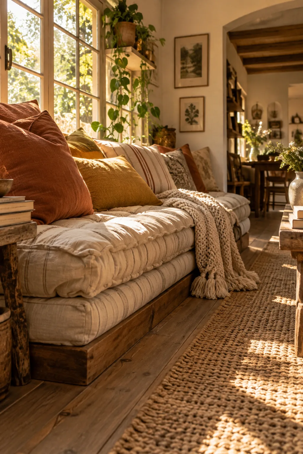 Window seat topped with two thick, tufted French mattresses instead of a custom cushion