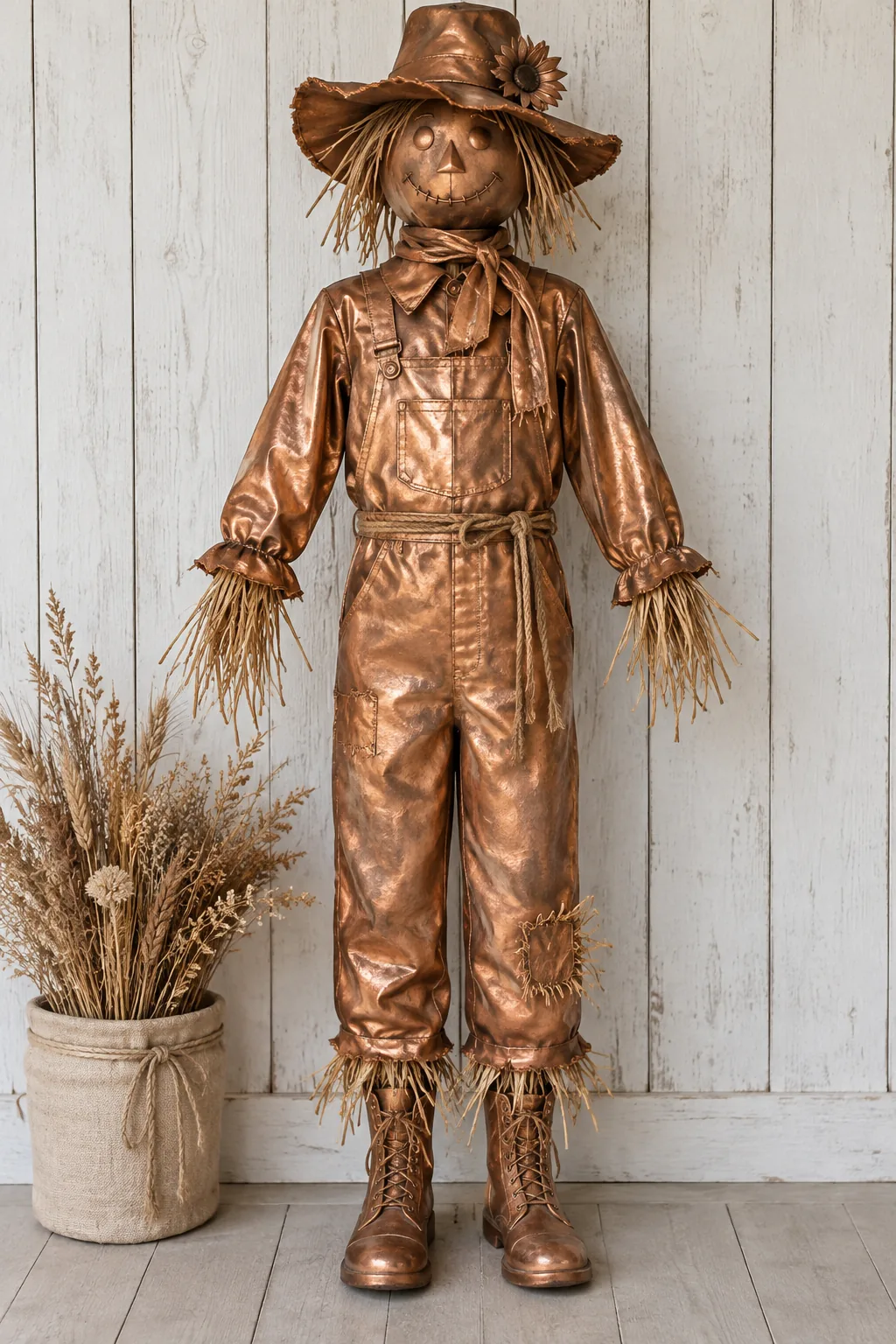 Scarecrow painted entirely in metallic copper spray paint