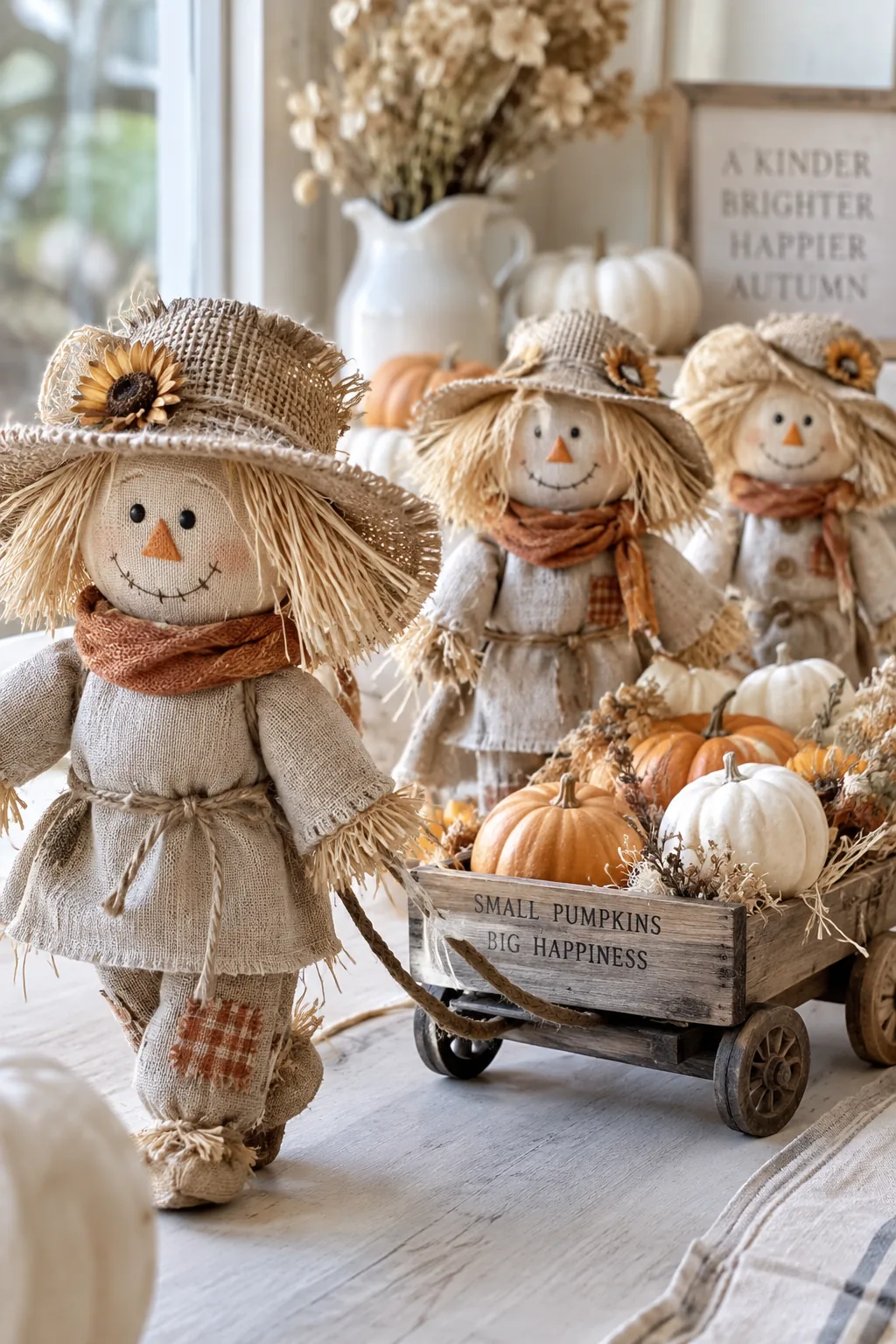 Group of three small scarecrows pulling a red wagon in a pumpkin patch