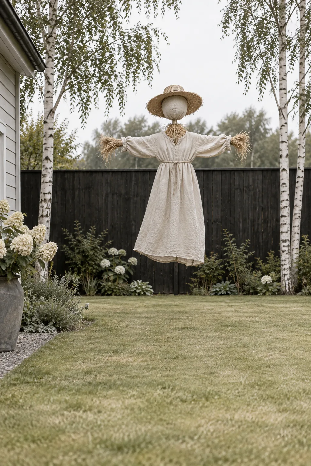 Scarecrow suspended in mid-air with a black painted support pole