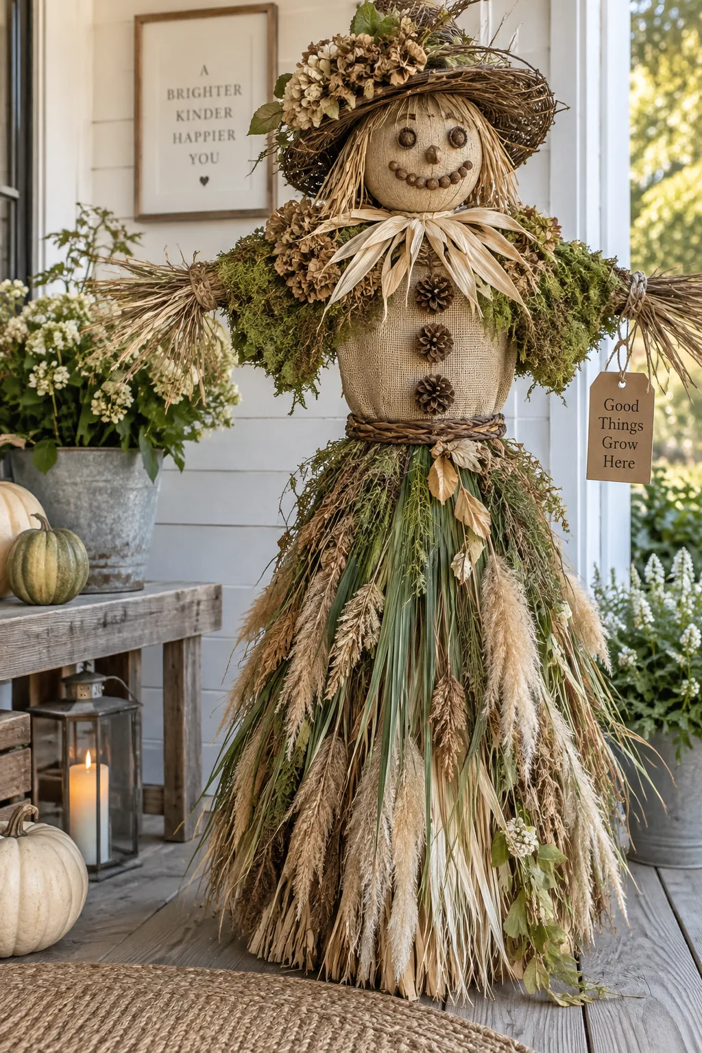 Scarecrow decorated with moss, pinecones, and an ornamental grass skirt