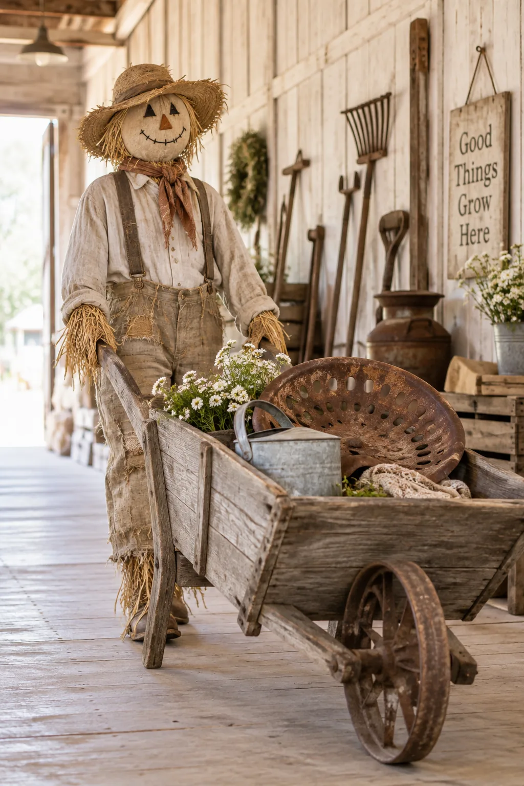 Straw scarecrow sitting on a rusted vintage tractor seat