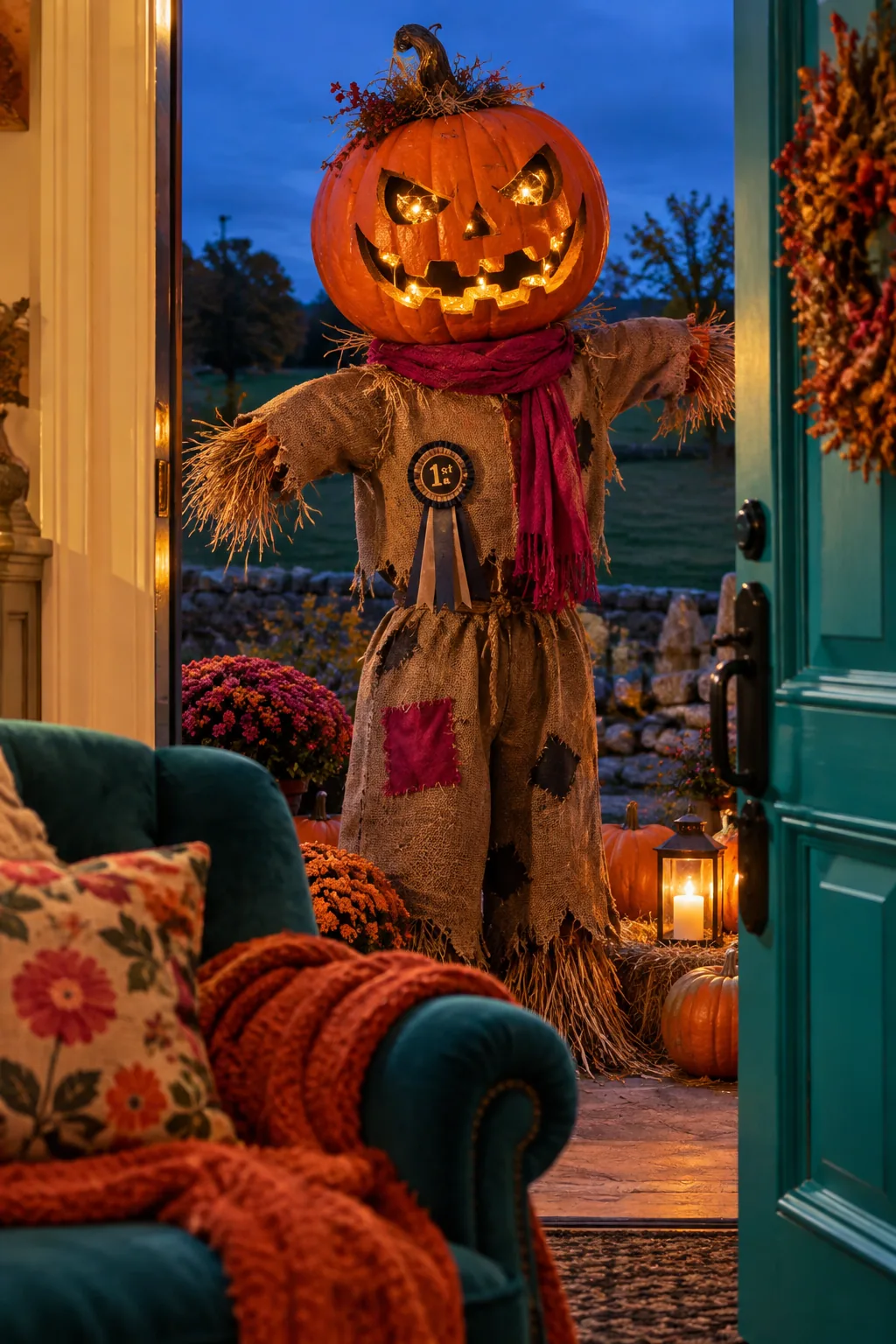 Scarecrow head made from a carved foam pumpkin covered in burlap