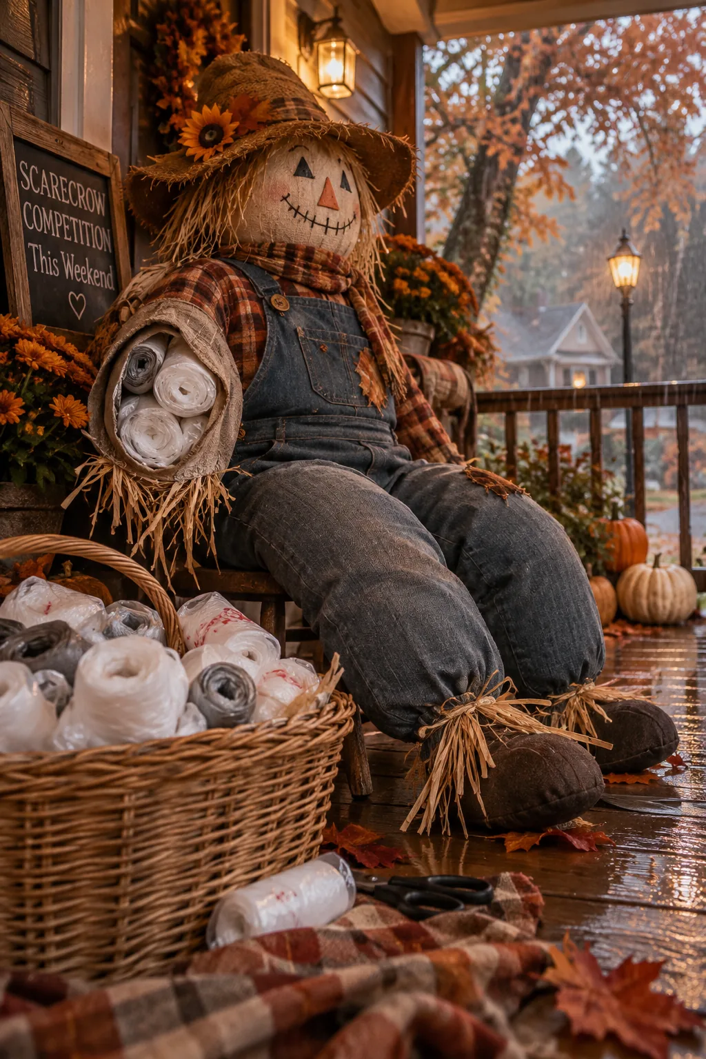 Scarecrow limbs stuffed with rolled plastic grocery bags