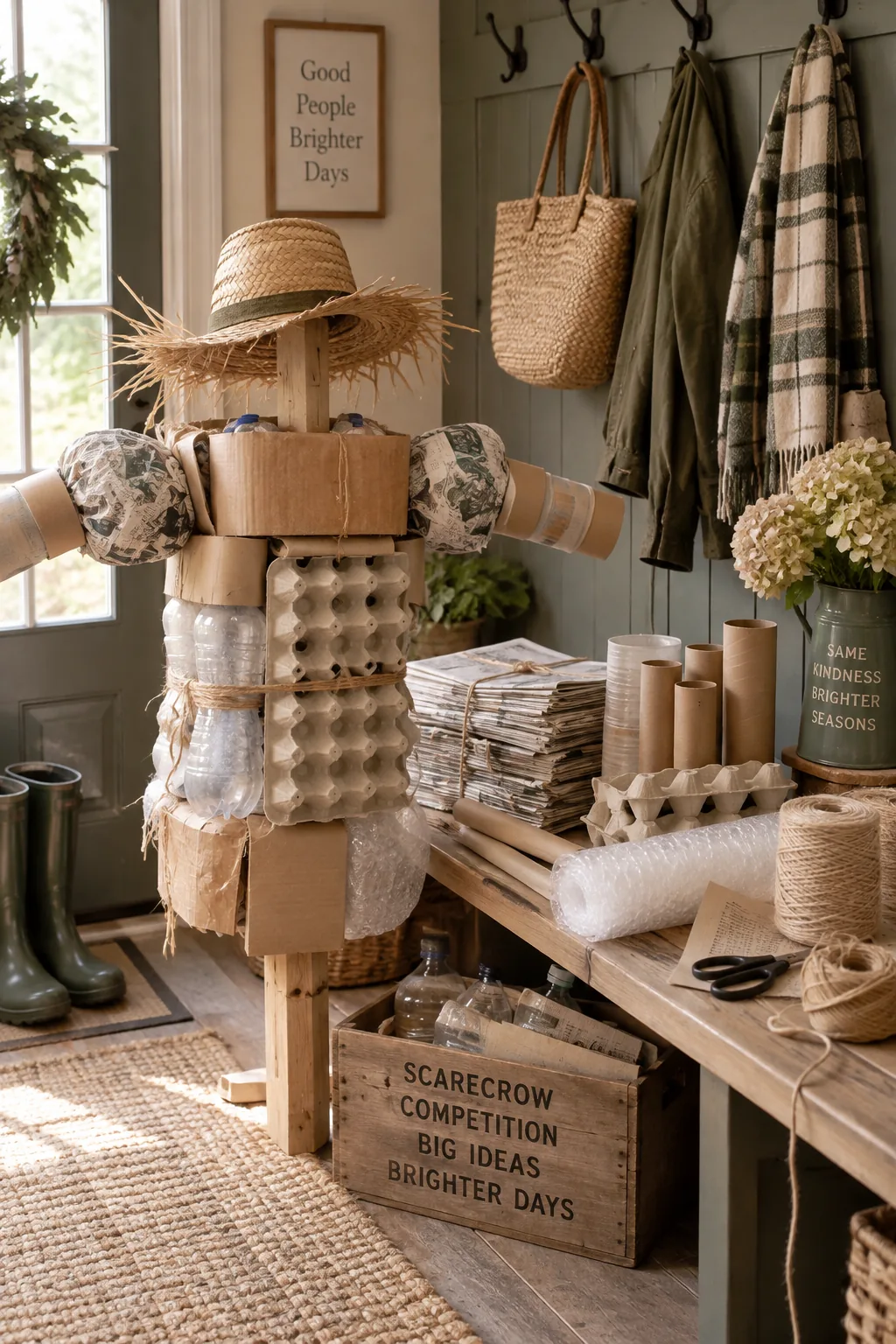 Scarecrow frame bulked up with empty milk jugs and pool noodles