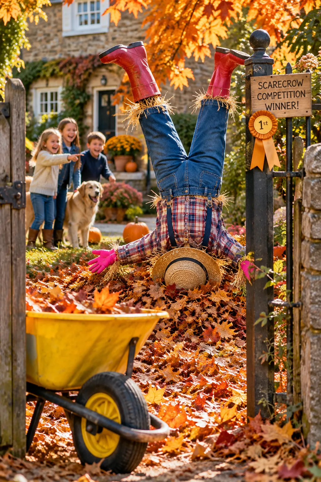 Scarecrow posed upside down with its head in a pile of autumn leaves