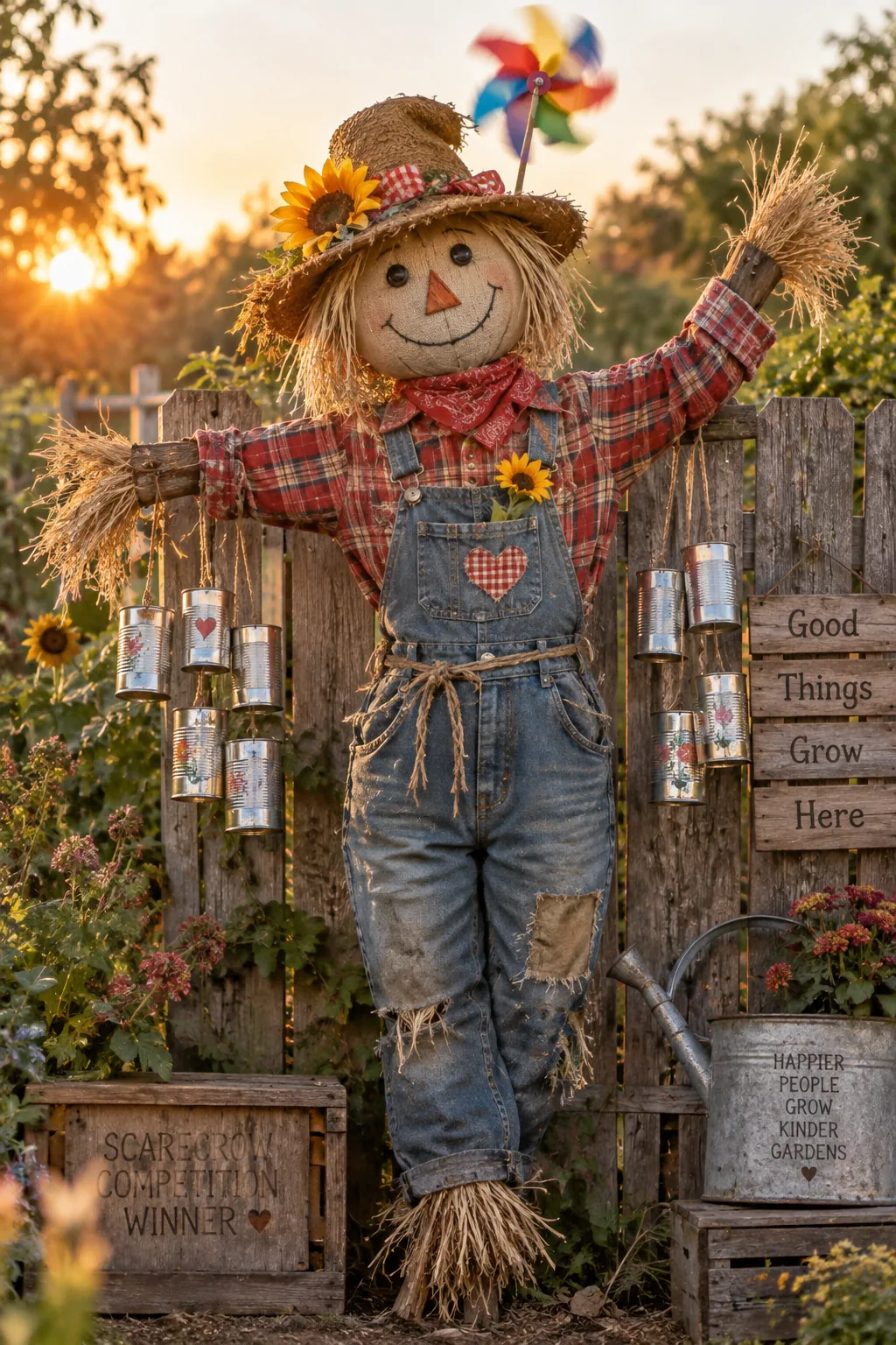 Scarecrow with tin can wind chimes hanging from its arms