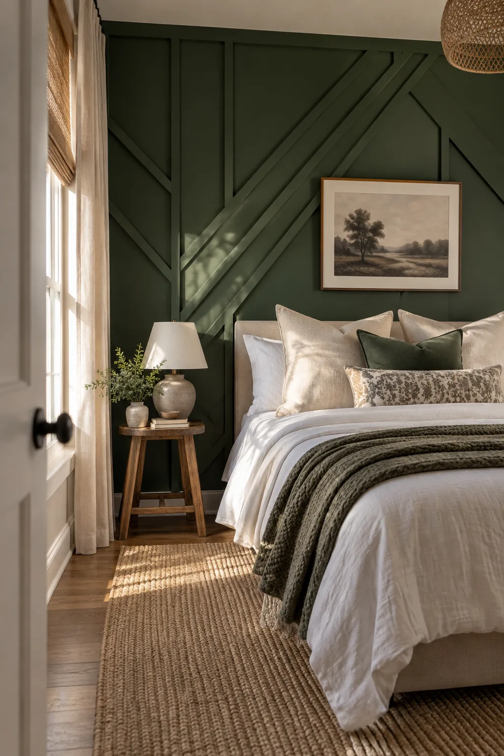 Dark green bedroom wall with geometric wood trim patterns.