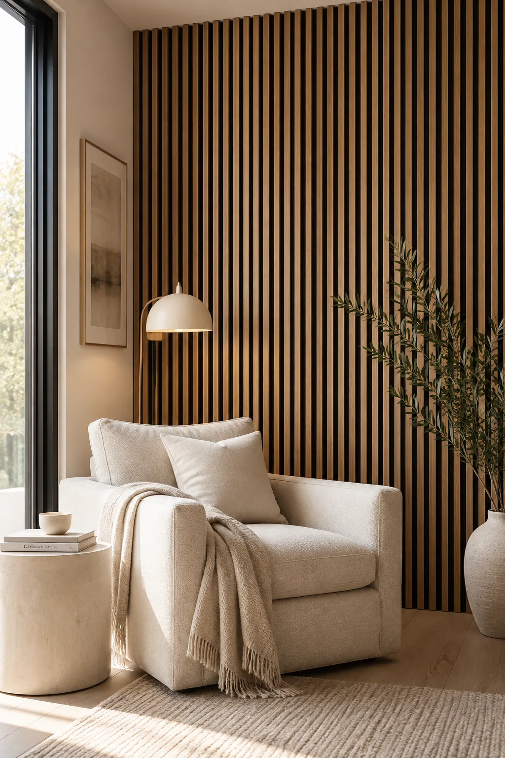 Thin vertical oak wood slats on a matte black wall.