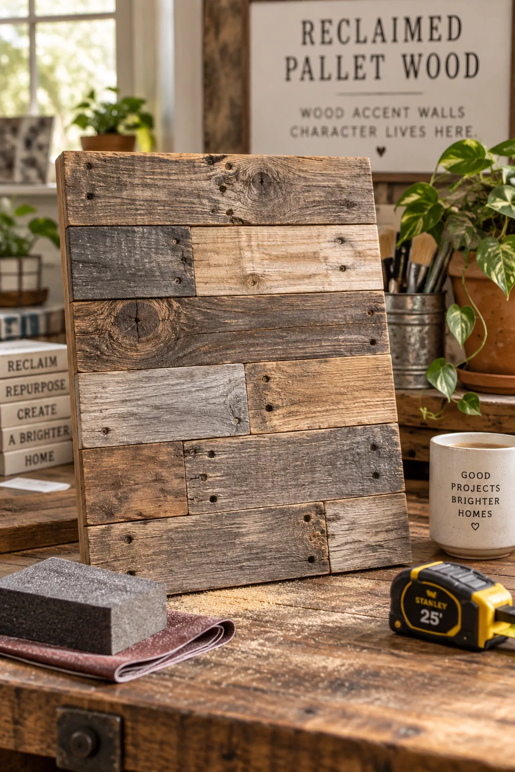 Bedroom accent wall made from staggered reclaimed pallet wood.