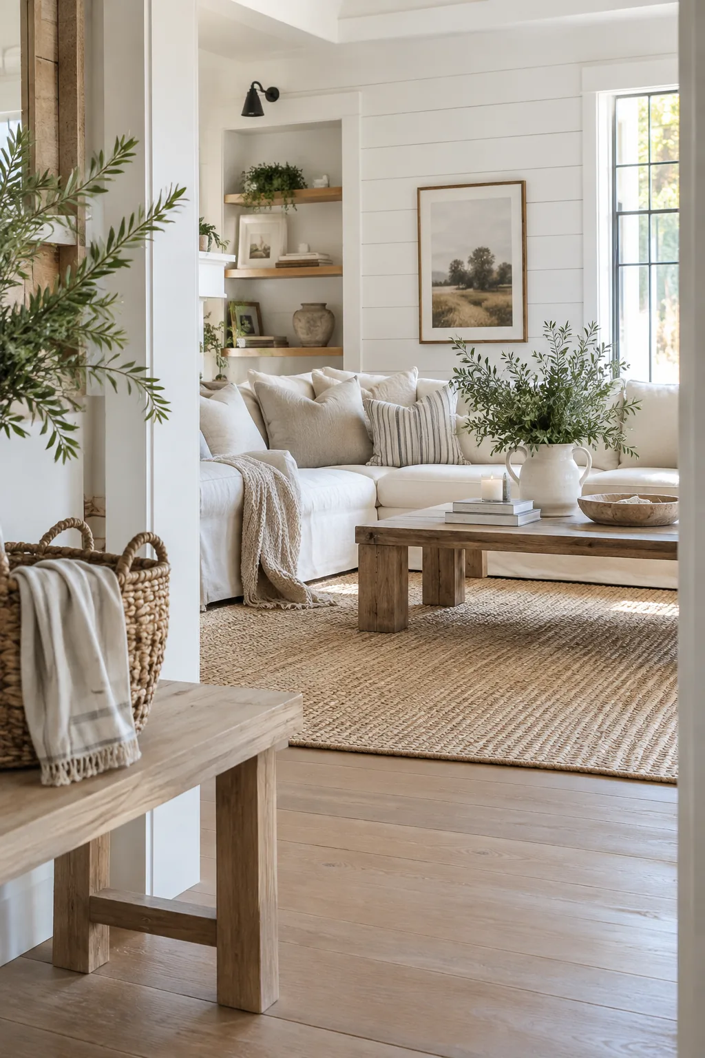 Bright white horizontal shiplap boards in a living room.