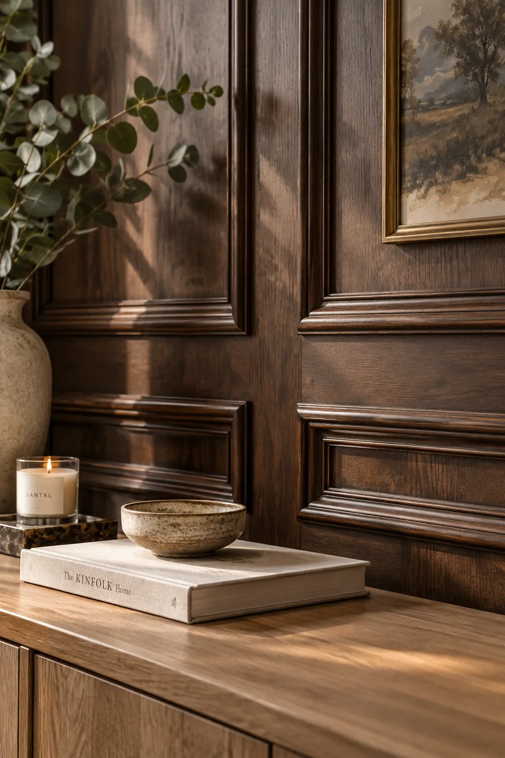 Dark walnut stained picture frame molding on a wall.
