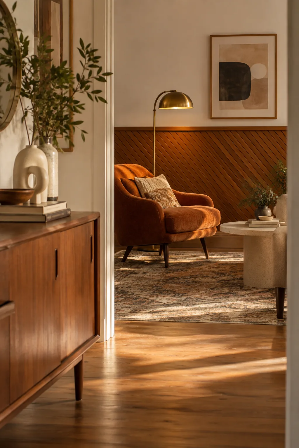Thin wood strips installed at a 45-degree angle on the lower half of a wall.
