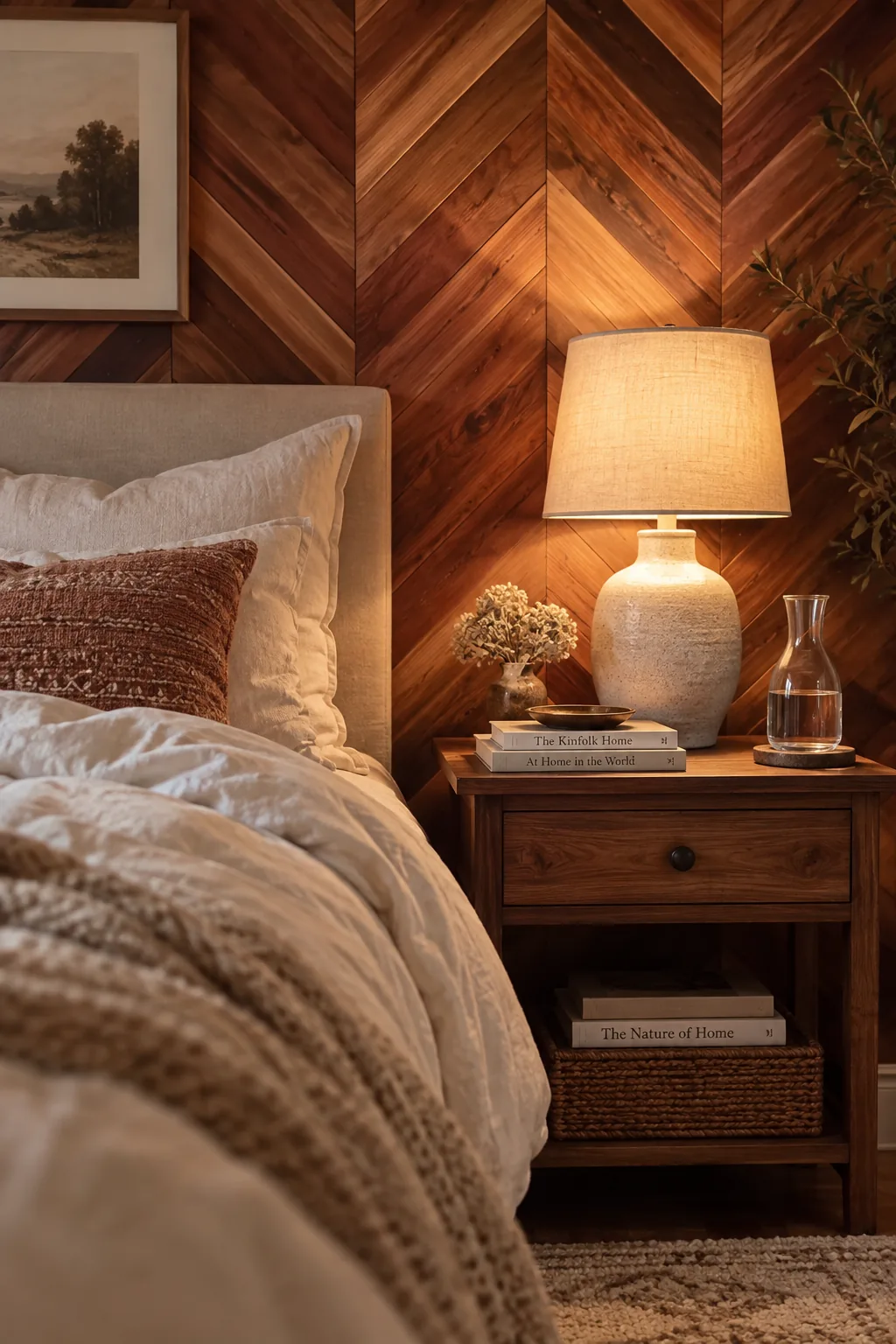 Cedar wood boards arranged in a chevron pattern behind a bed.