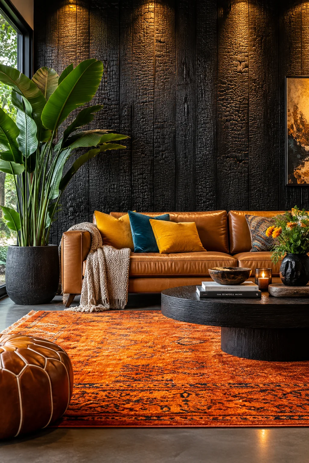 Charred black wood accent wall behind a leather sofa.